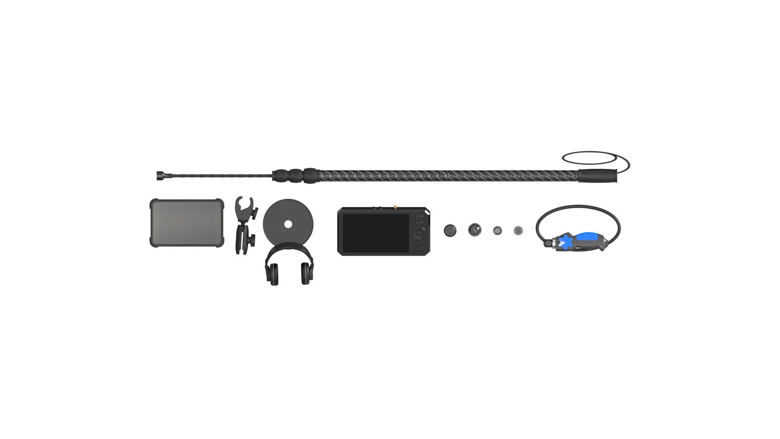 LSJ-C-E standard kit components laid out: telescopic rod, 8-inch terminal, probes, headphones, snake-eye probe, cable reel and accessories