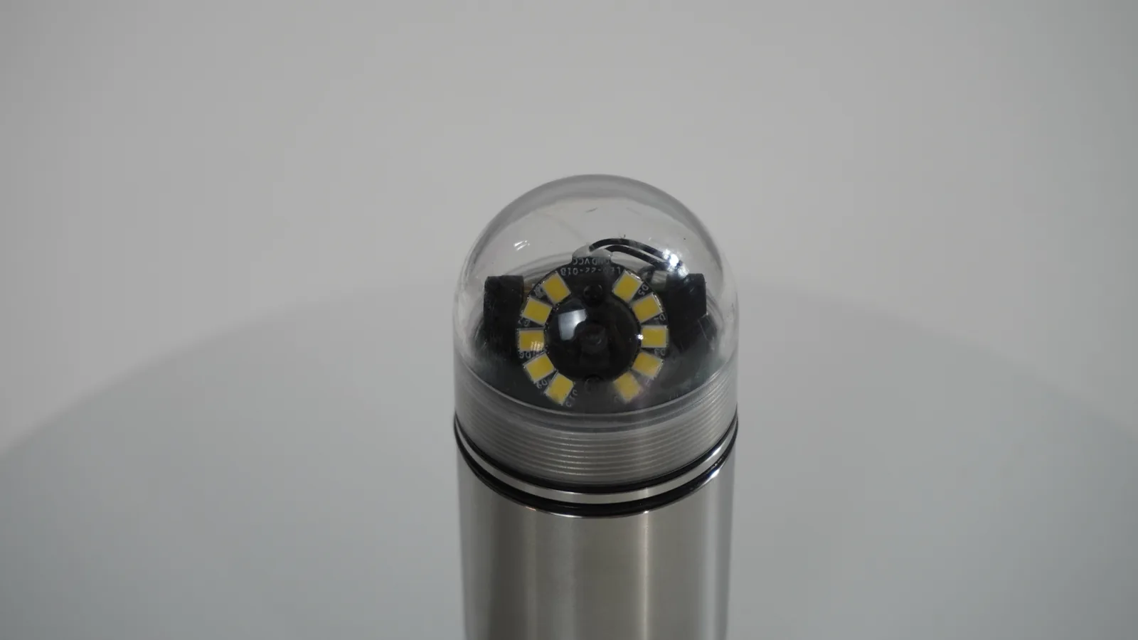 Close-up of LSJ CAMB-V500 waterproof probe dome with 1080P camera and LED illumination ring