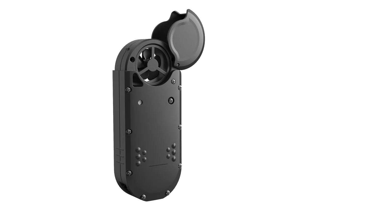 Rear view of the LSJ HW-W01 weather meter showing the sealed rugged housing, structural screws and protected impeller cavity for IP67 field use