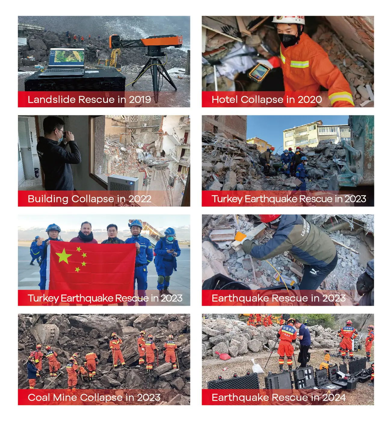 IMG-03 | LSJ Equipment Real-Disaster Track Record Record of LSJ USAR equipment applied in real disaster rescues from 2016 to 2024, including landslides, building collapses, coal mine collapse and the 2023 Turkey earthquake