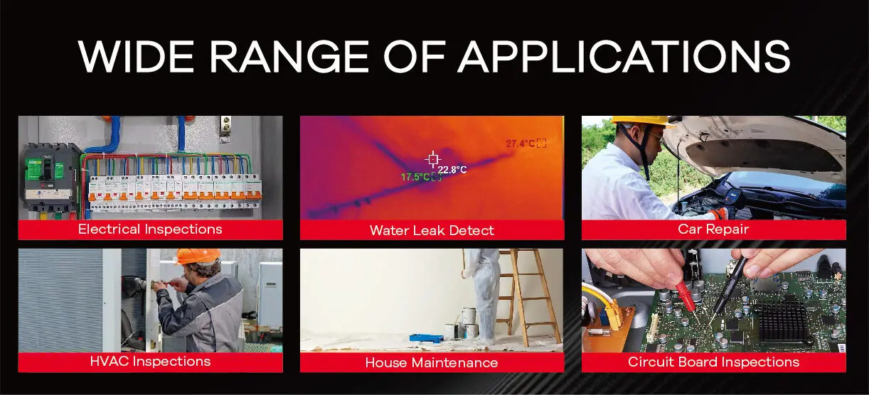 Collage of thermal camera applications including building inspection, water leak detection, car maintenance, house maintenance and circuit board inspection
