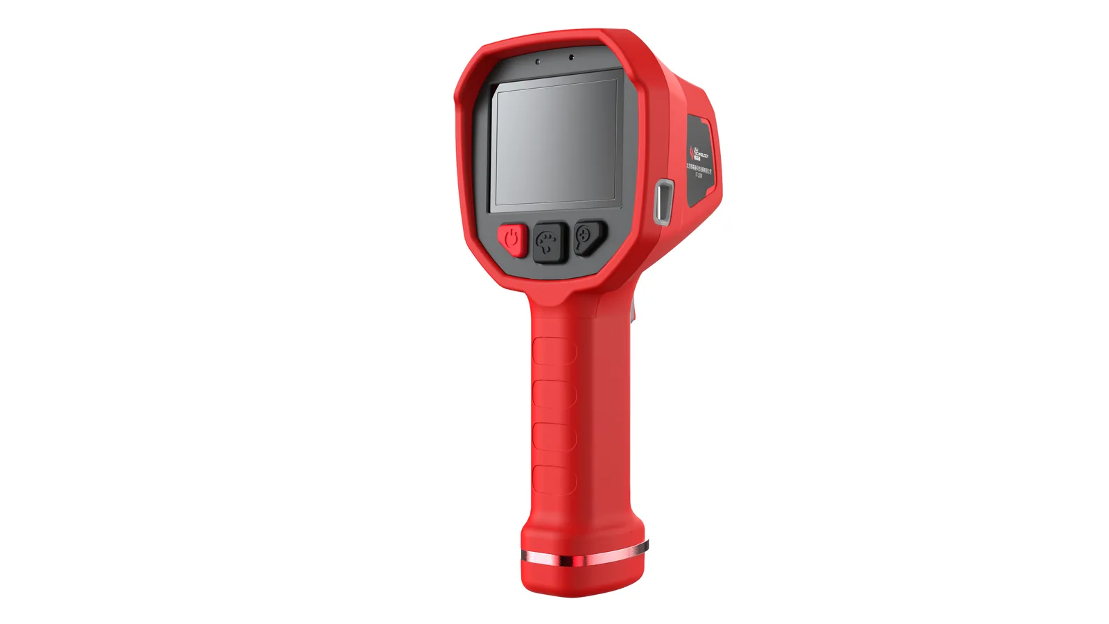LSJ TIG10 handheld optical gas imaging thermal camera, red ergonomic pistol-grip body with 3.5-inch display, three-quarter rear view