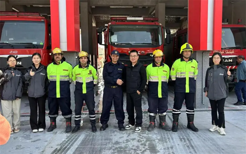 LSJ Technology delivery team and Egyptian Civil Defense officers at a fire rescue station during the March 2025 equipment handover