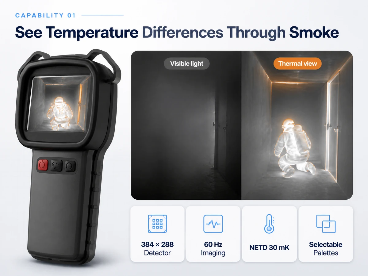 LSJ-S1200 compact thermal camera comparing visible-light and thermal views in a smoke-filled corridor