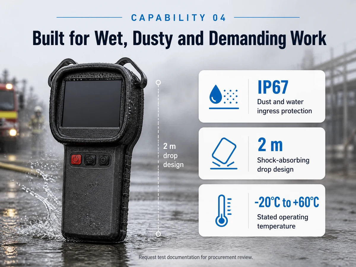 LSJ-S1200 thermal camera on wet ground illustrating IP67 rating and 2 m drop design