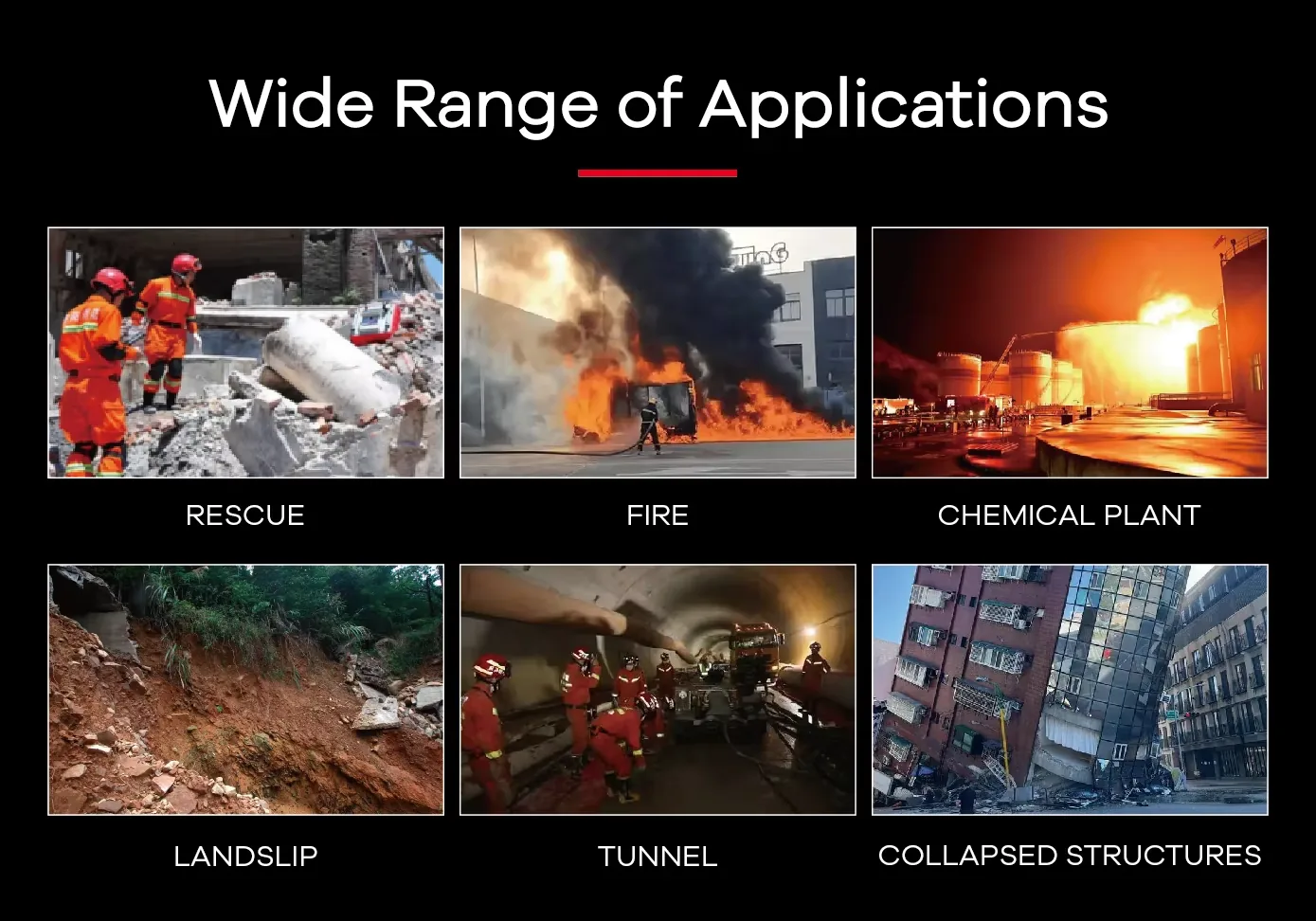 LSJ MF-500 applications across rescue, structural fire, chemical plant, landslip, tunnel and collapsed structure incidents