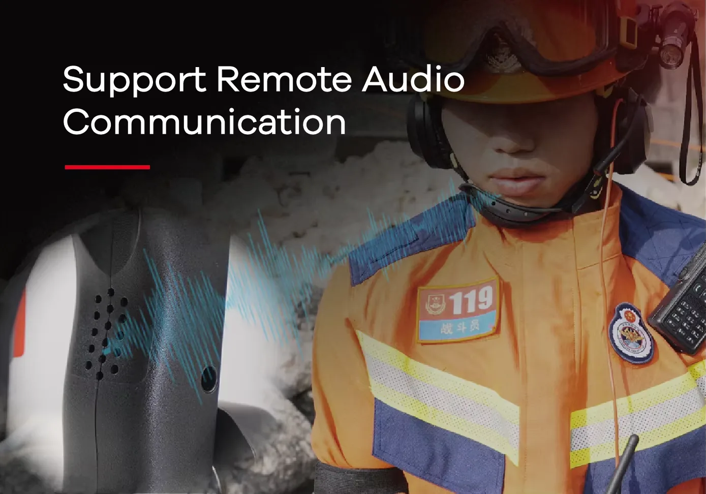 Rescue team member using the LSJ MF-500 two-way remote audio intercom to talk to the command terminal