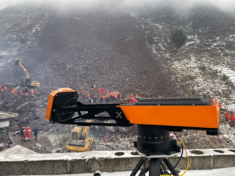 Rescue team operating the HXSAR-5KS radar in snow for round-the-clock landslide monitoring