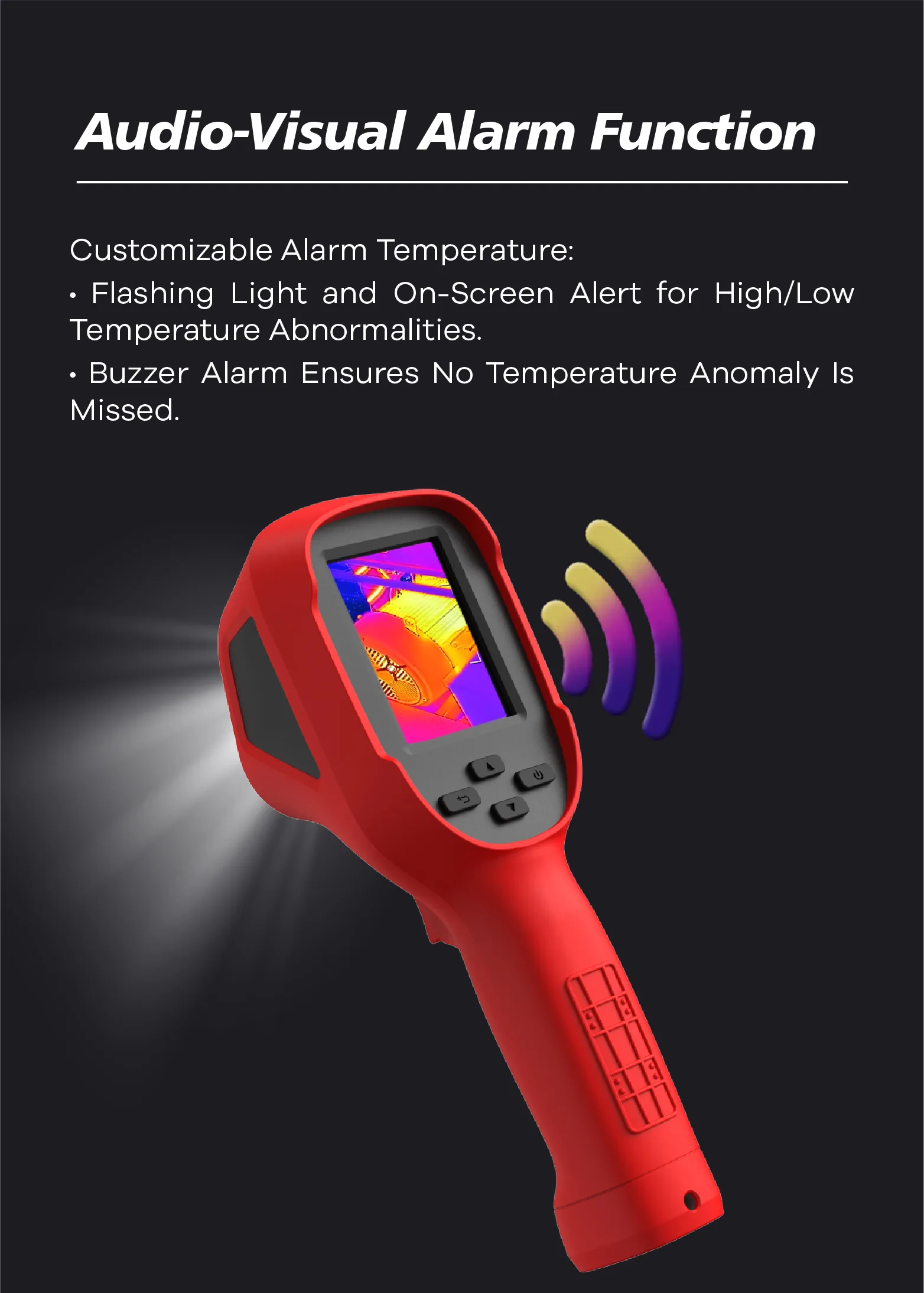 LSJ E310 Plus customizable high and low temperature alarm with flashing light, on-screen alert and buzzer