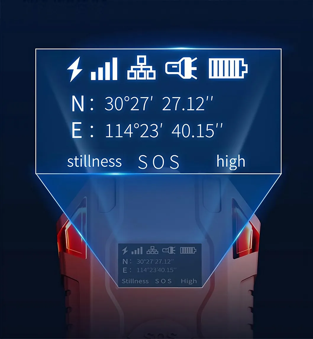Close-up of the LSJ HX-TAC 1.3-inch OLED display showing electric field strength bars, battery level, flashlight status, sensitivity mode and SOS motion status