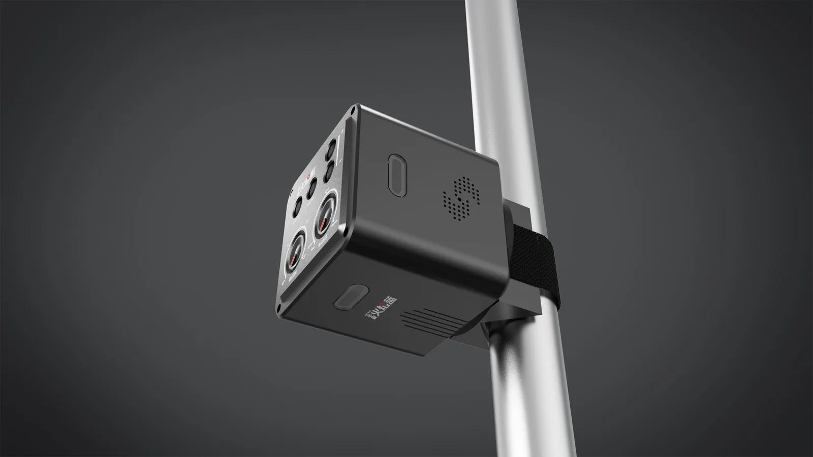 LSJ LS-D01 aftershock monitor secured to a vertical steel pole with the woven strap mounting option