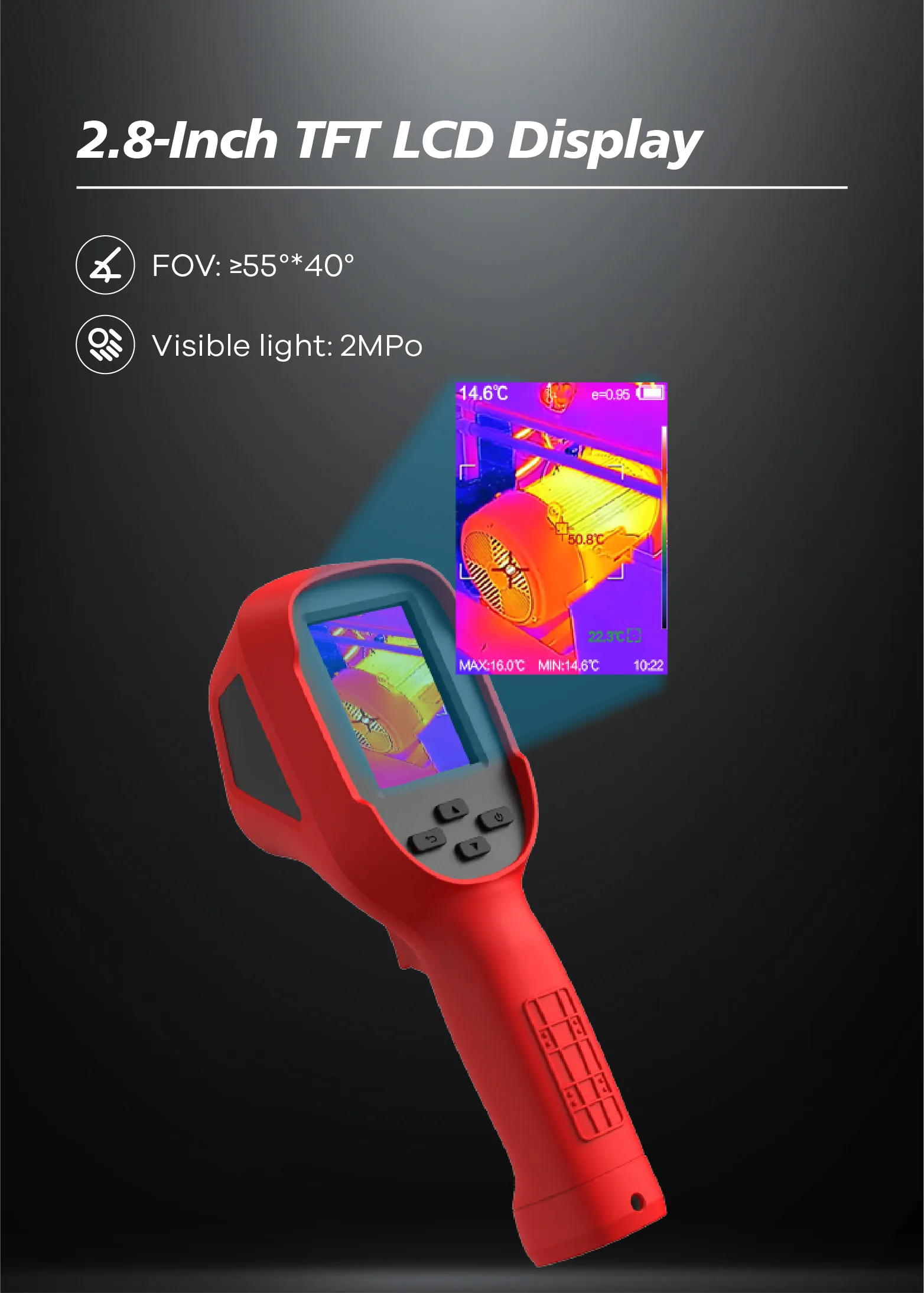 LSJ E310 Plus 2.8-inch TFT LCD displaying a motor thermal image with 55 by 40 degree field of view and 2 MP visible camera