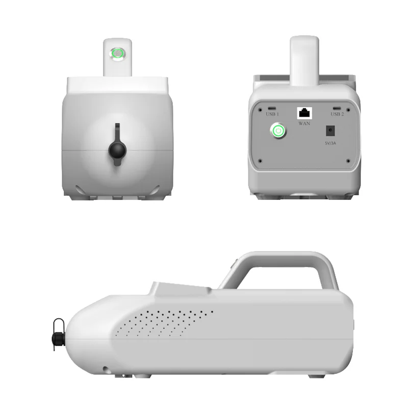 LSJ SEED-PM front suction sampling inlet and rear interface panel with two USB ports, WAN Ethernet port and 5V/3A power input