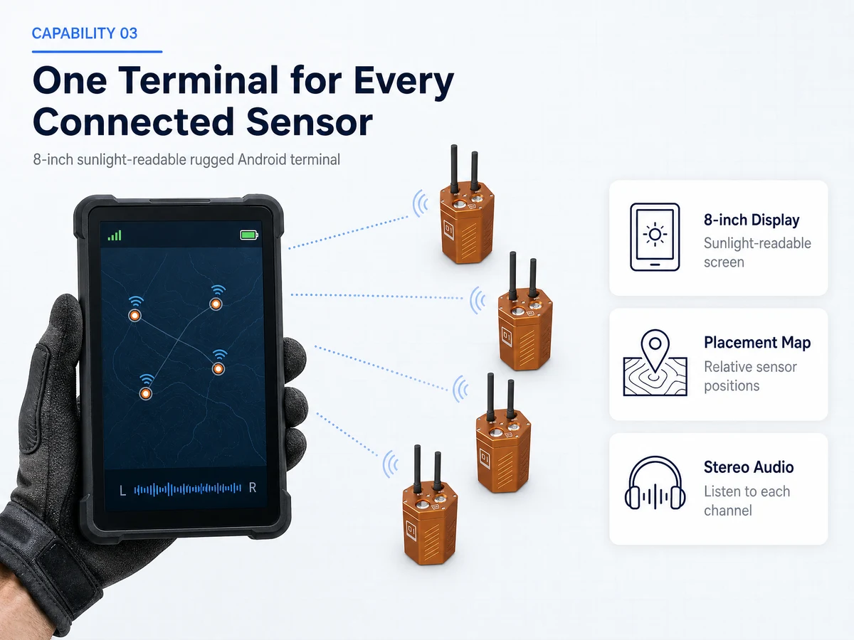 CRMB-RAD wireless sensor probes, cable reel listening probe, and 8-inch terminal in operation