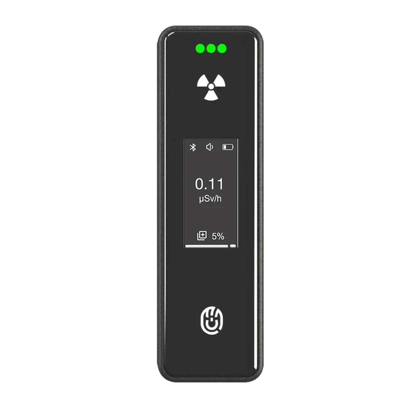 LSJ SEED-RA front view showing compact wearable body, dose-rate display and green status LEDs