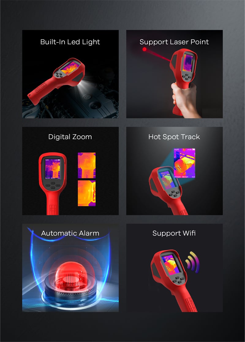 LSJ technology thermal imaging camera feature grid: built-in LED light, laser pointer, digital zoom, hot-spot tracking, automatic alarm and WiFi