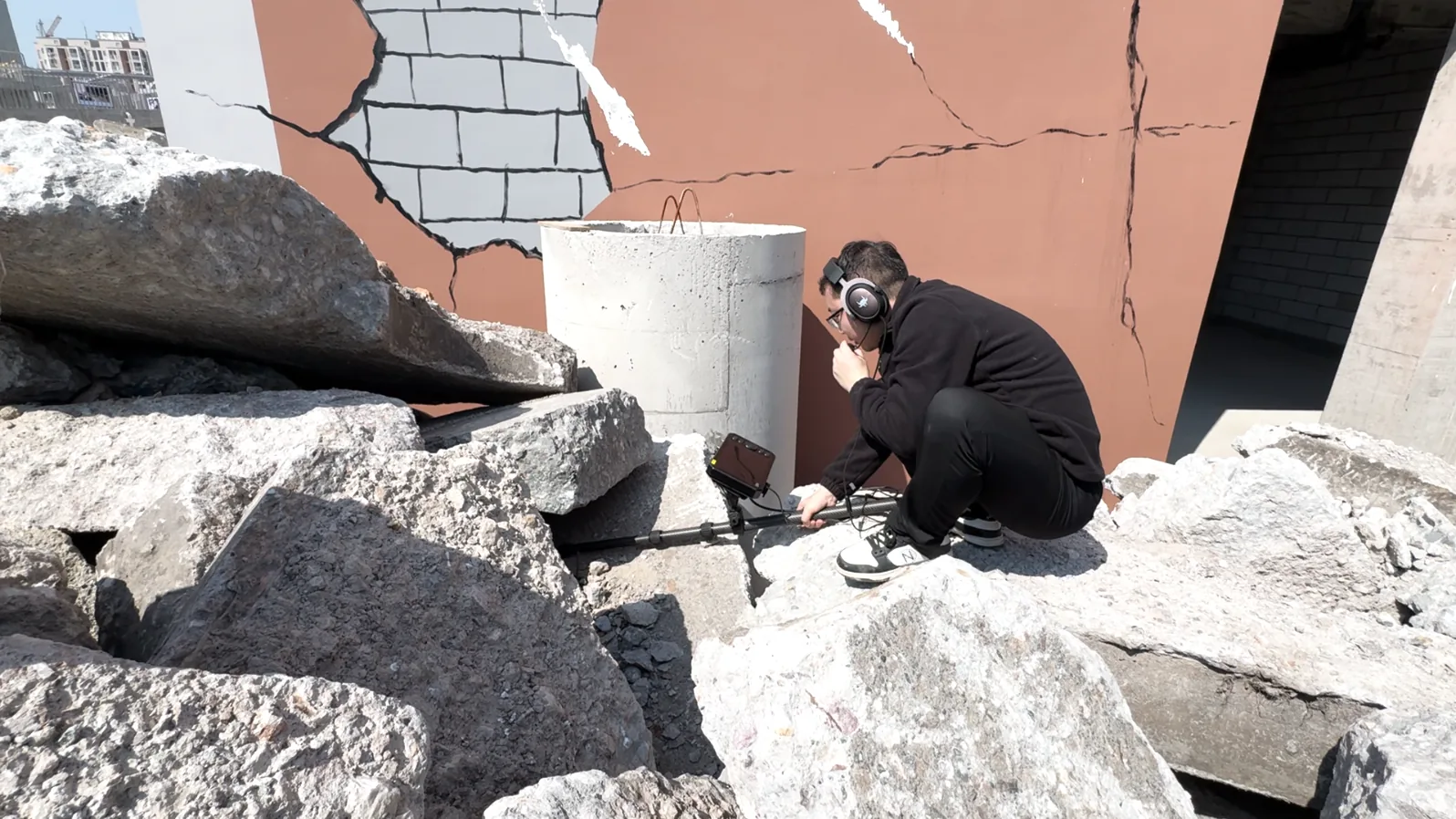 Rescuer wearing LSJ-C-E noise-cancelling headphones and speaking to a trapped person through the two-way voice intercom at a collapse site
