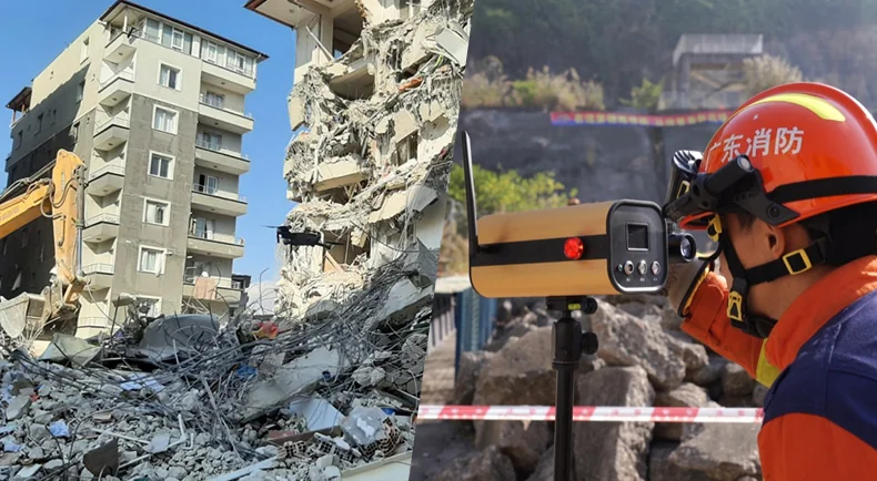 Rescue worker operating the LSJ YZ-120 laser displacement monitor on tripod at an earthquake building-collapse urban search and rescue site