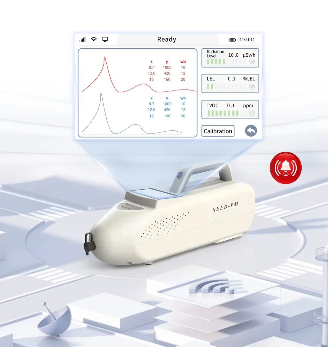 LSJ SEED-PM 4.3-inch touchscreen showing IMS spectra with radiation level in uSv/h, LEL and TVOC readings, automatic calibration and audible-visual alarm indicator