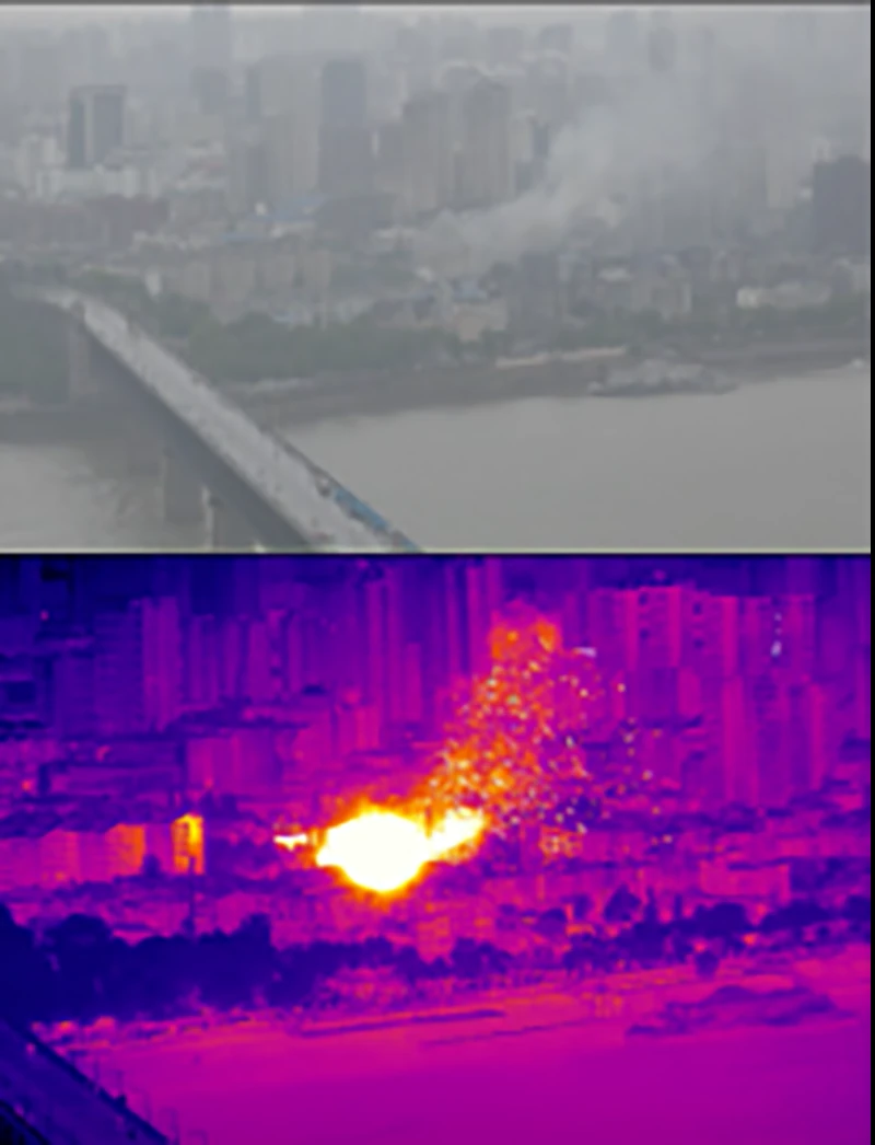Aerial visible light versus thermal imaging view pinpointing a hidden wildfire hotspot through smoke over a city