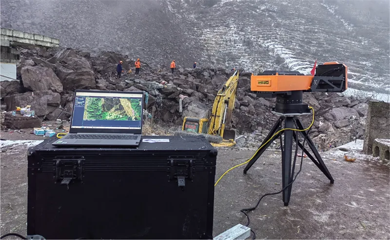 HXSAR-5KS slope stability radar and field control station monitoring an active landslide site