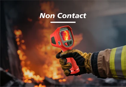 Gloved firefighter holds the LSJ TIG10 gas detection thermal imager in front of flames for non-contact infrared scanning