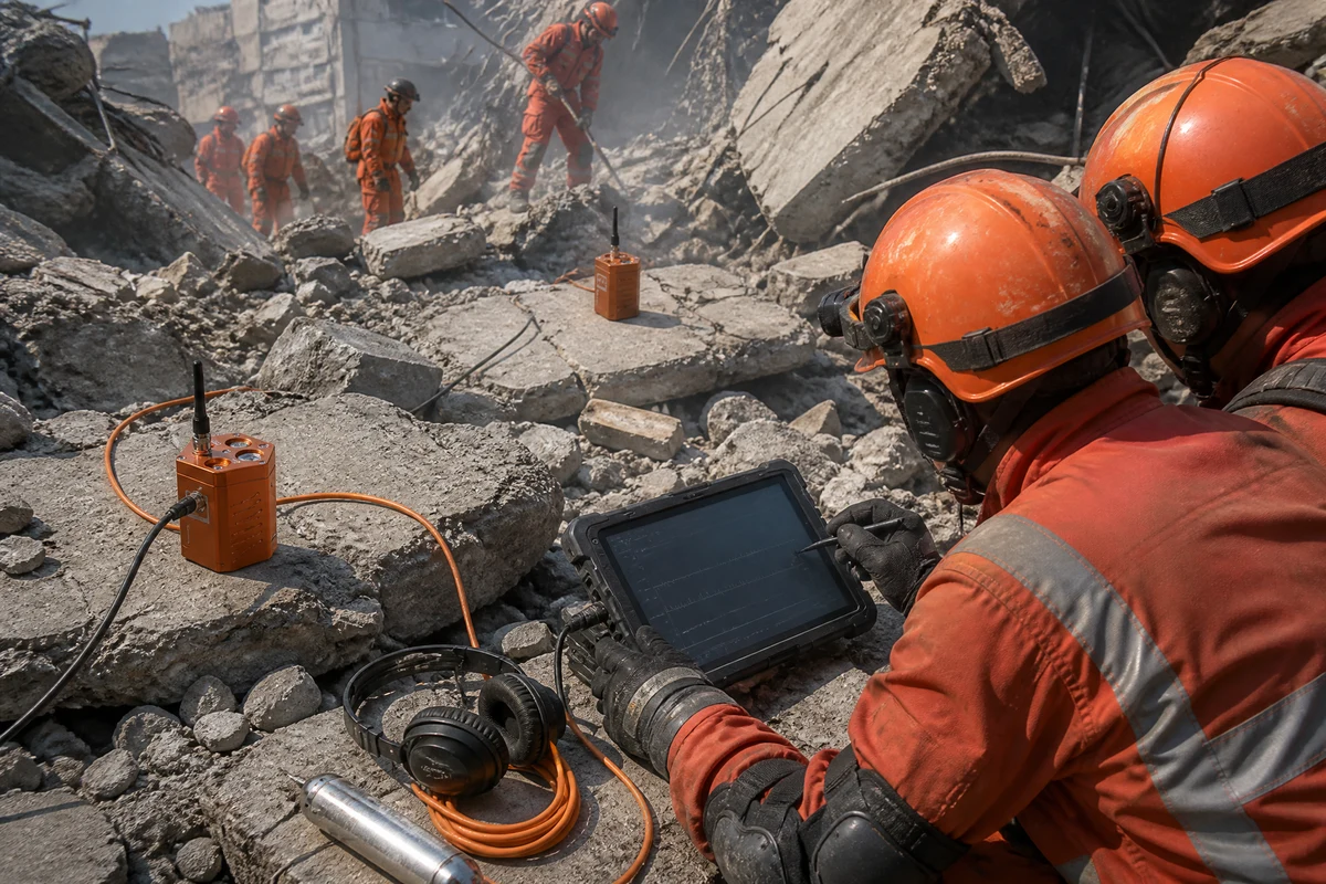 Rescue team deployed at an earthquake rubble disaster site with seismic detector