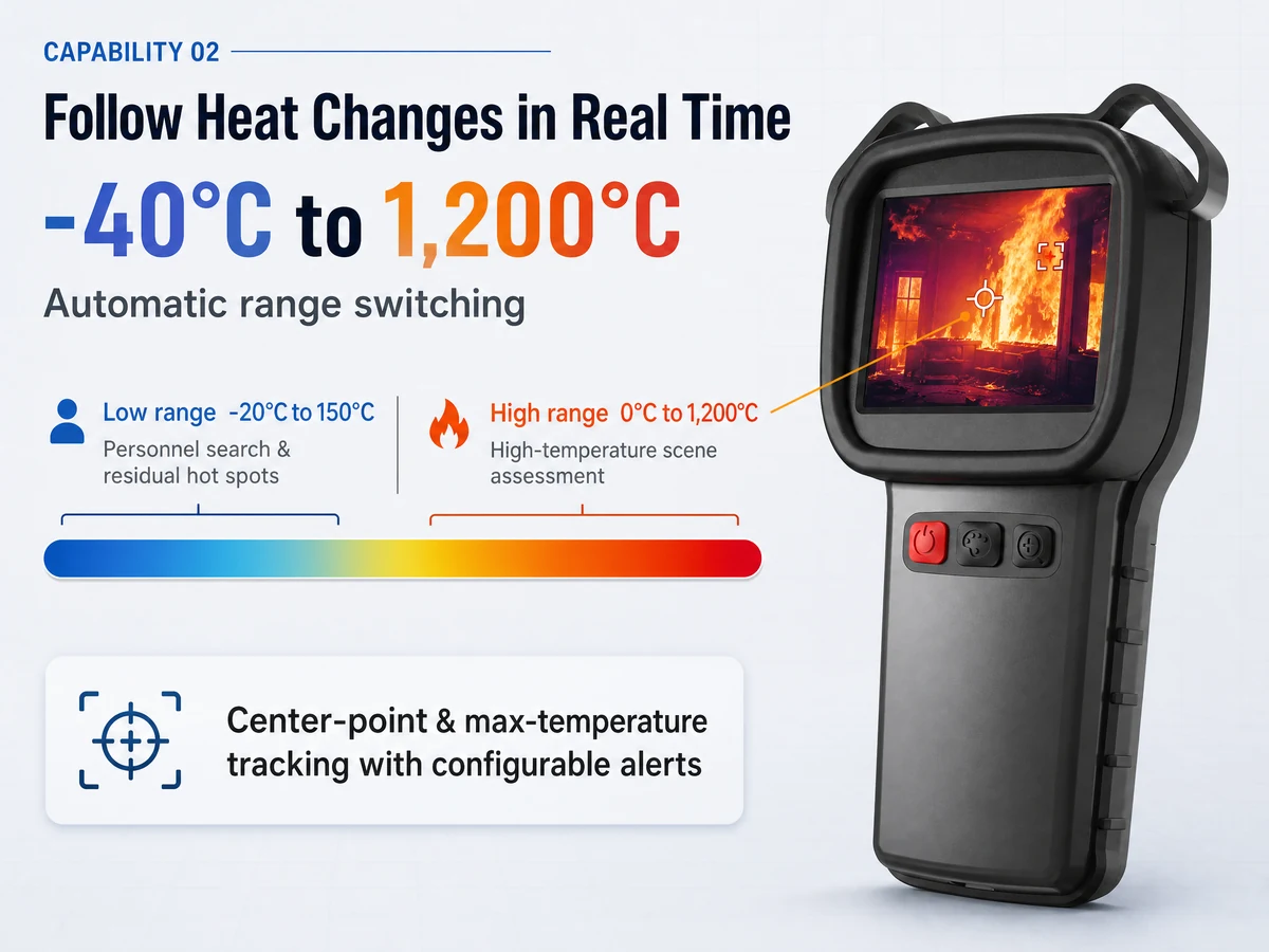 LSJ-S1200 thermal camera with -40°C to 1,200°C measurement range and automatic range switching