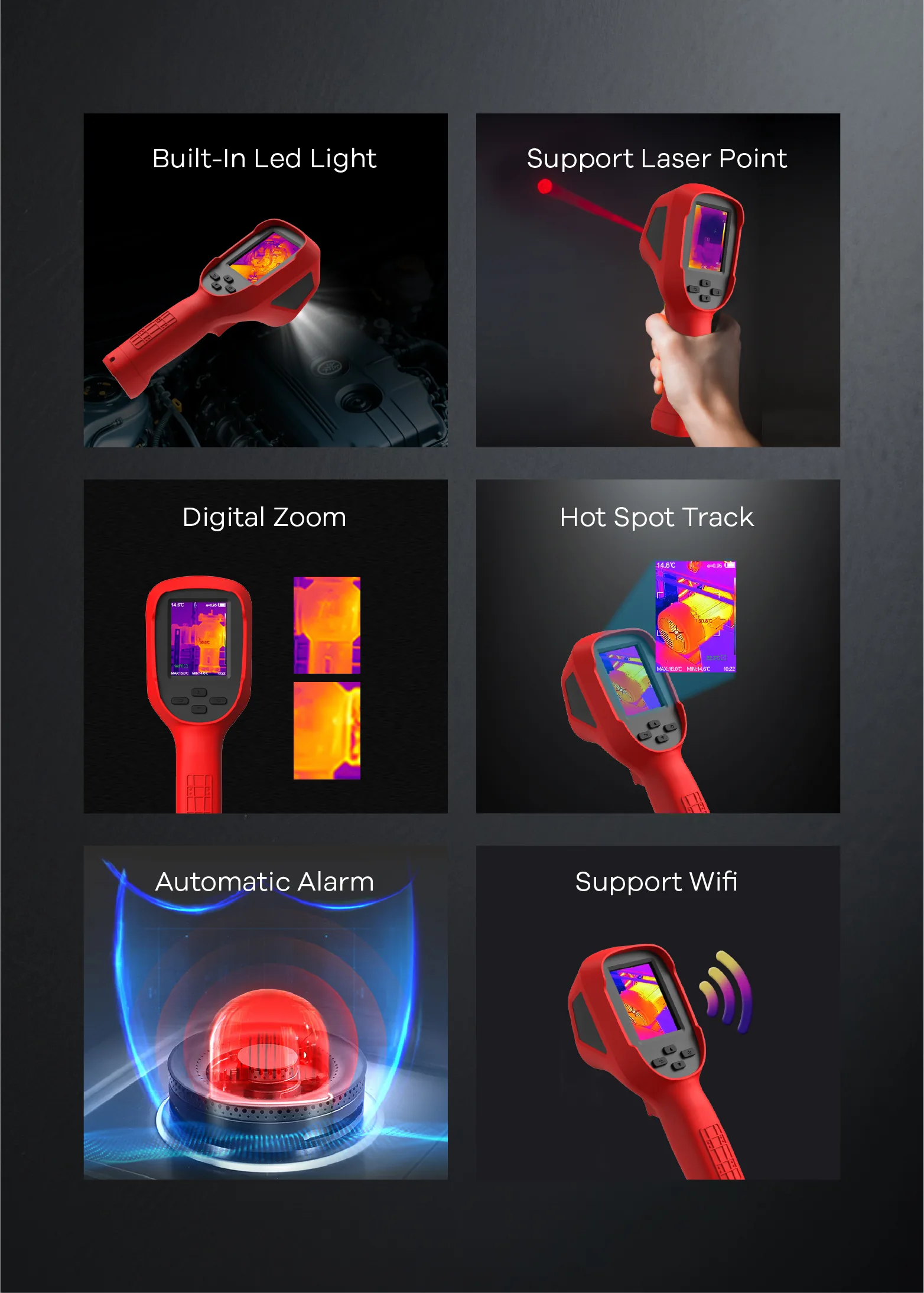 LSJ E310 Plus six features: built-in LED light, laser pointer, 1X-4X digital zoom, hot spot tracking, alarm and Wi-Fi