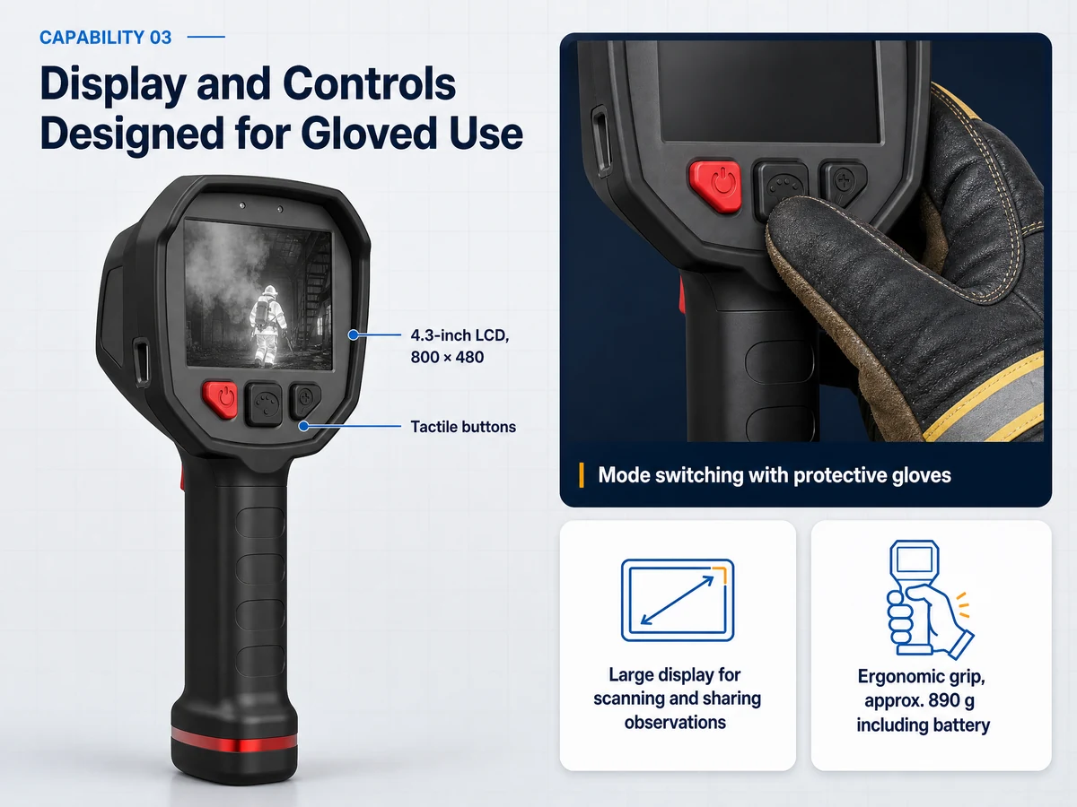 LSJ-F1200 firefighting thermal camera controls and display for gloved operation
