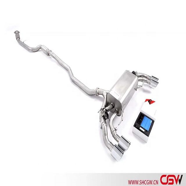Stainless steel downpipe with heat shield prevents heat damage to surrounding parts.
