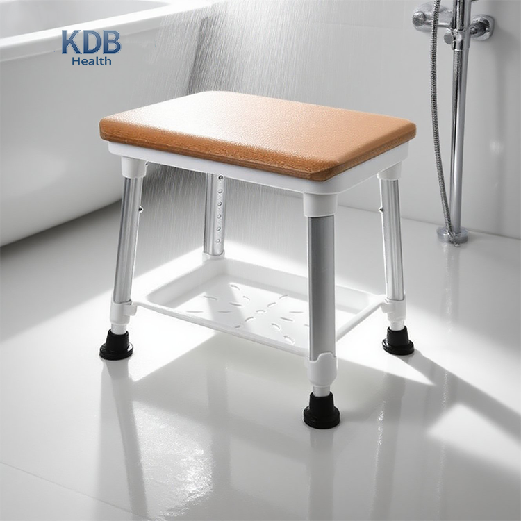 Adjustable Shower Stool with Wood-Like Seat and Storage Tray