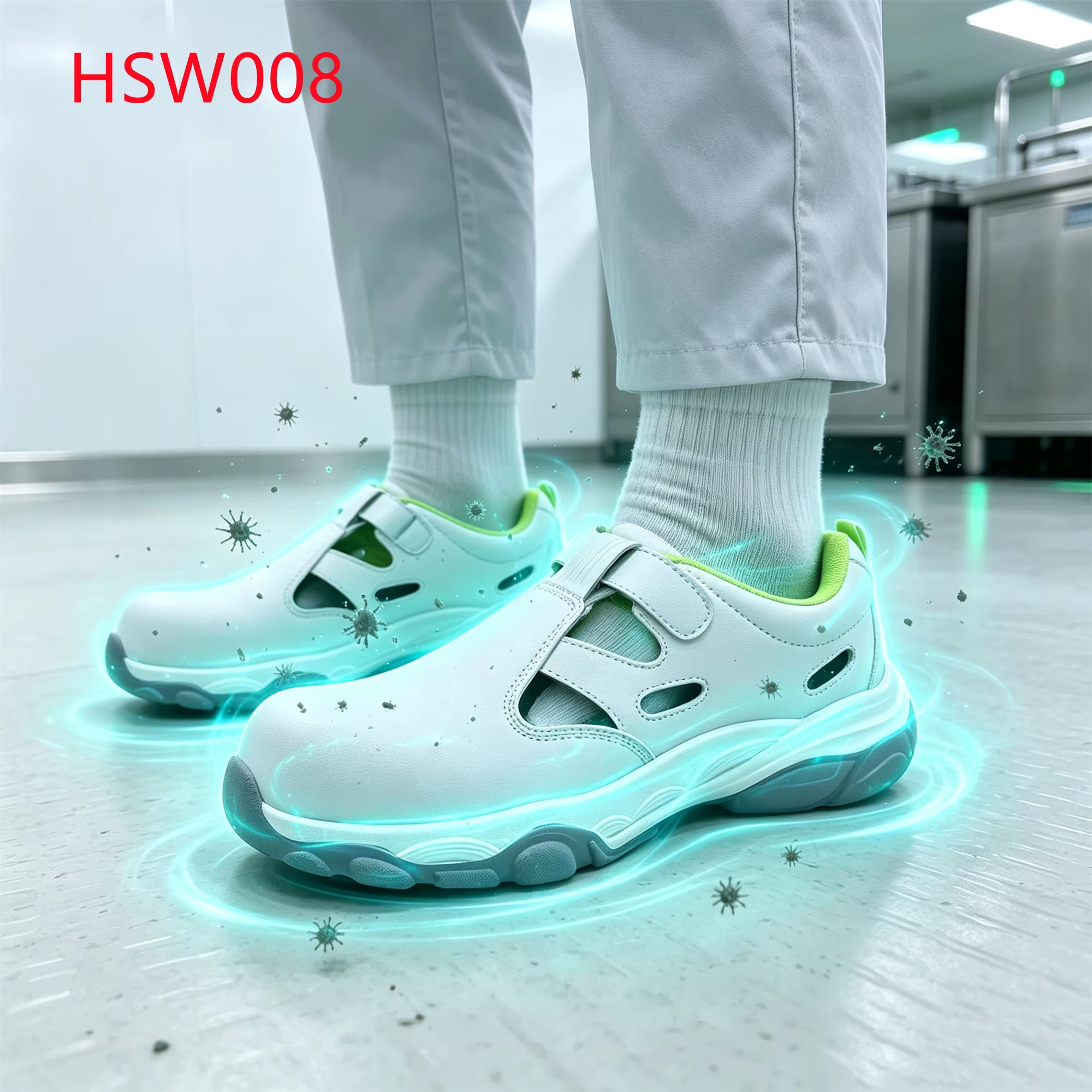 LXG,food Processing Foot Pain Relief Hua Singh White Safety Shoes Perforated Upper ESD Work Clogs with Bright Green LiningHSW008