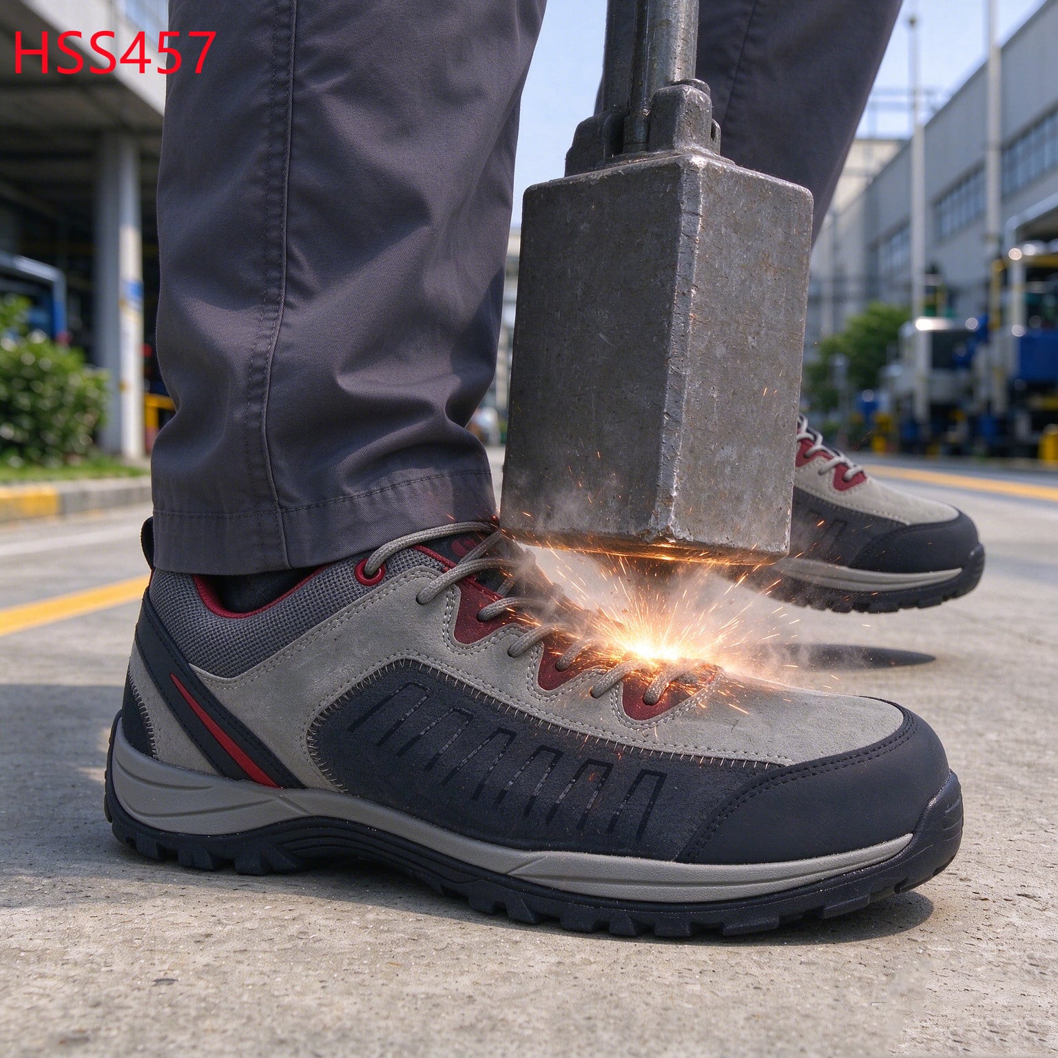 XYM,Warehouse Natural Suede Leather Upper Hua Singh Gray Work Shoes Wharf Operation Anti-acid&alkali PU/PU Injection Sole Safety Shoes with Steel Toe HSS457
