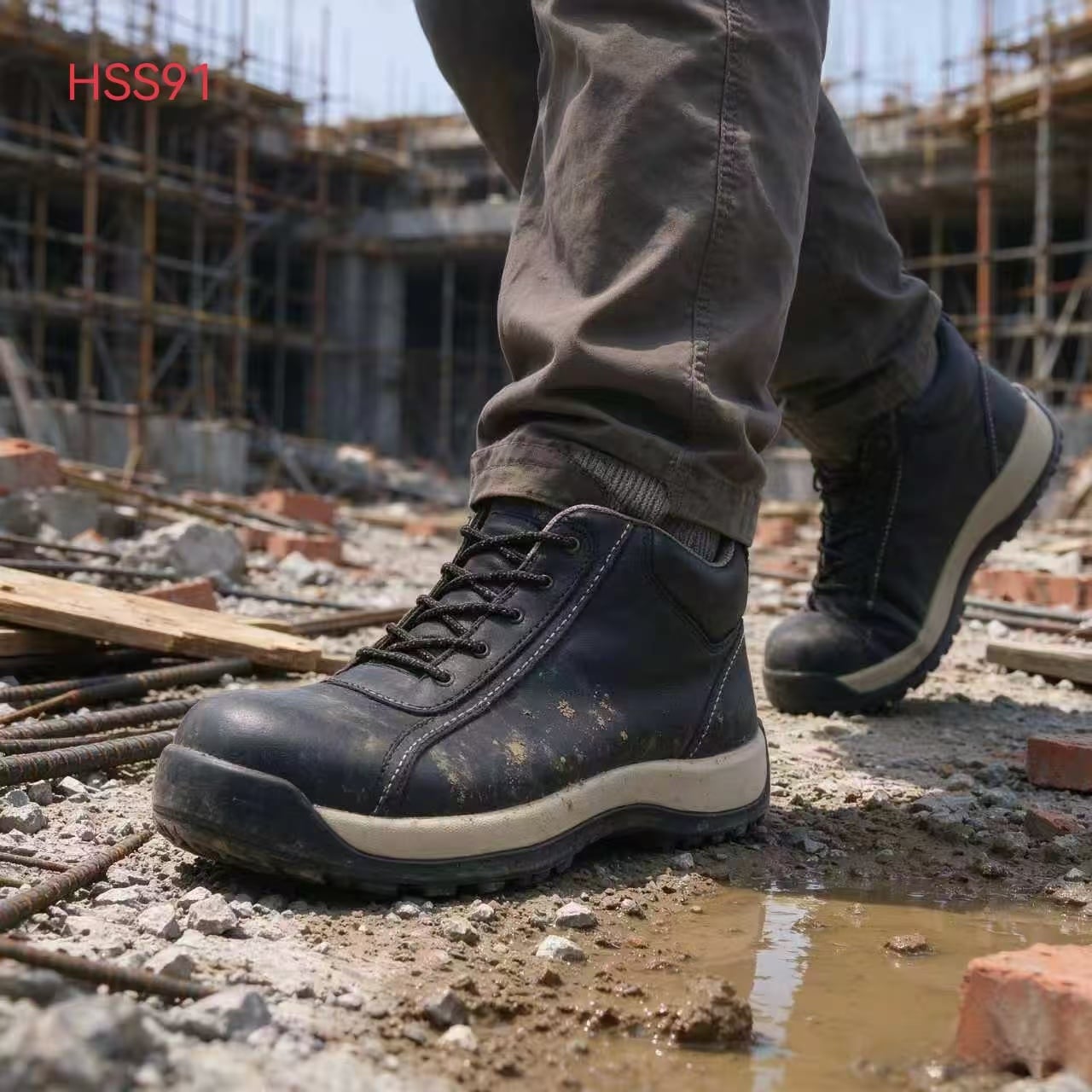 XYM,Team Training Anti-shoch Thick EVA+rubber Sole Sports safety Shoes outdoor labor natural cow leather Middle-cut Black work Boots HSS91
