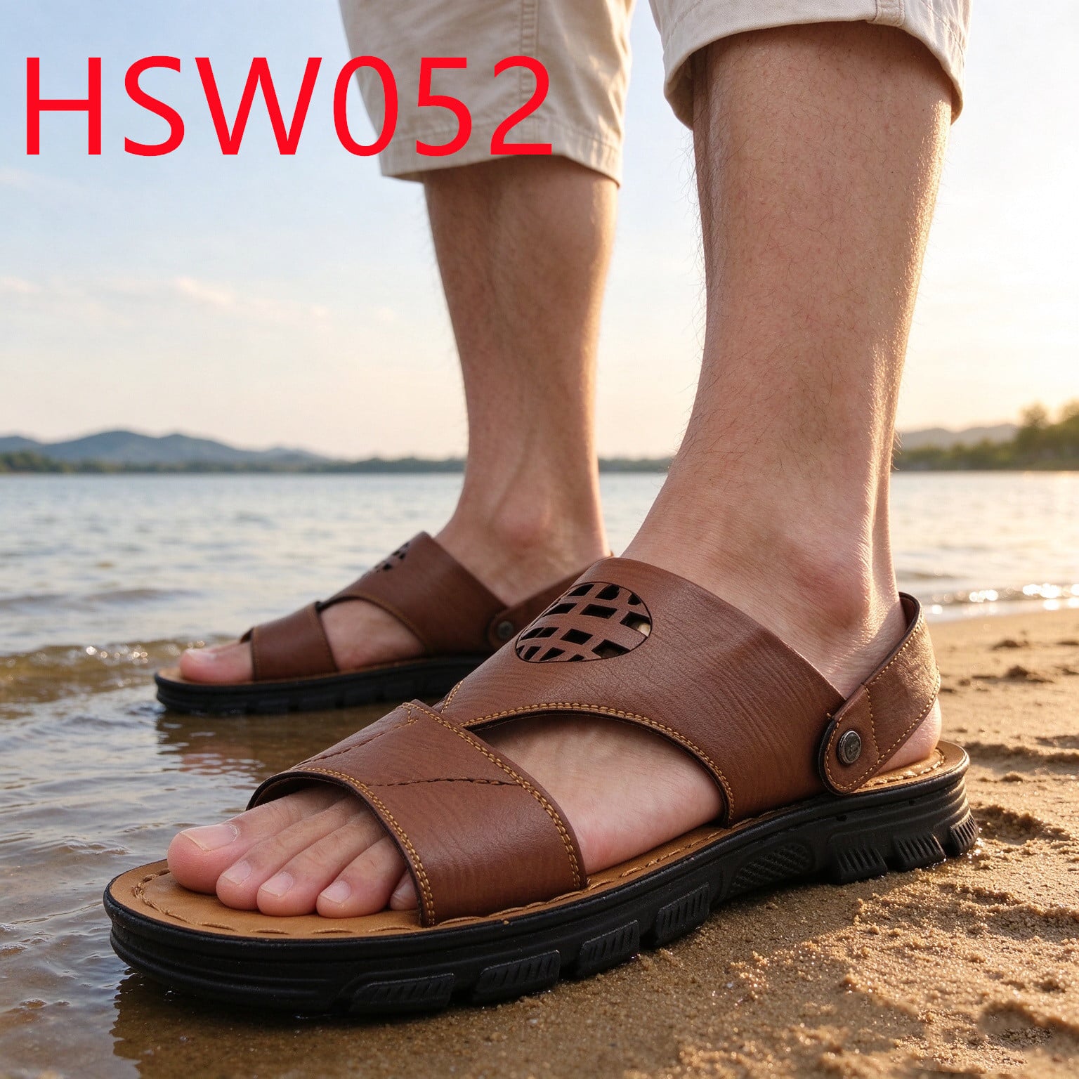 HY,Island Vacation man made leather/natural Cow Leather upper Hua Singh Beach Shoes Hollow Cut-out Men/women Wide-toe Brown Sandals for Sale HSW052