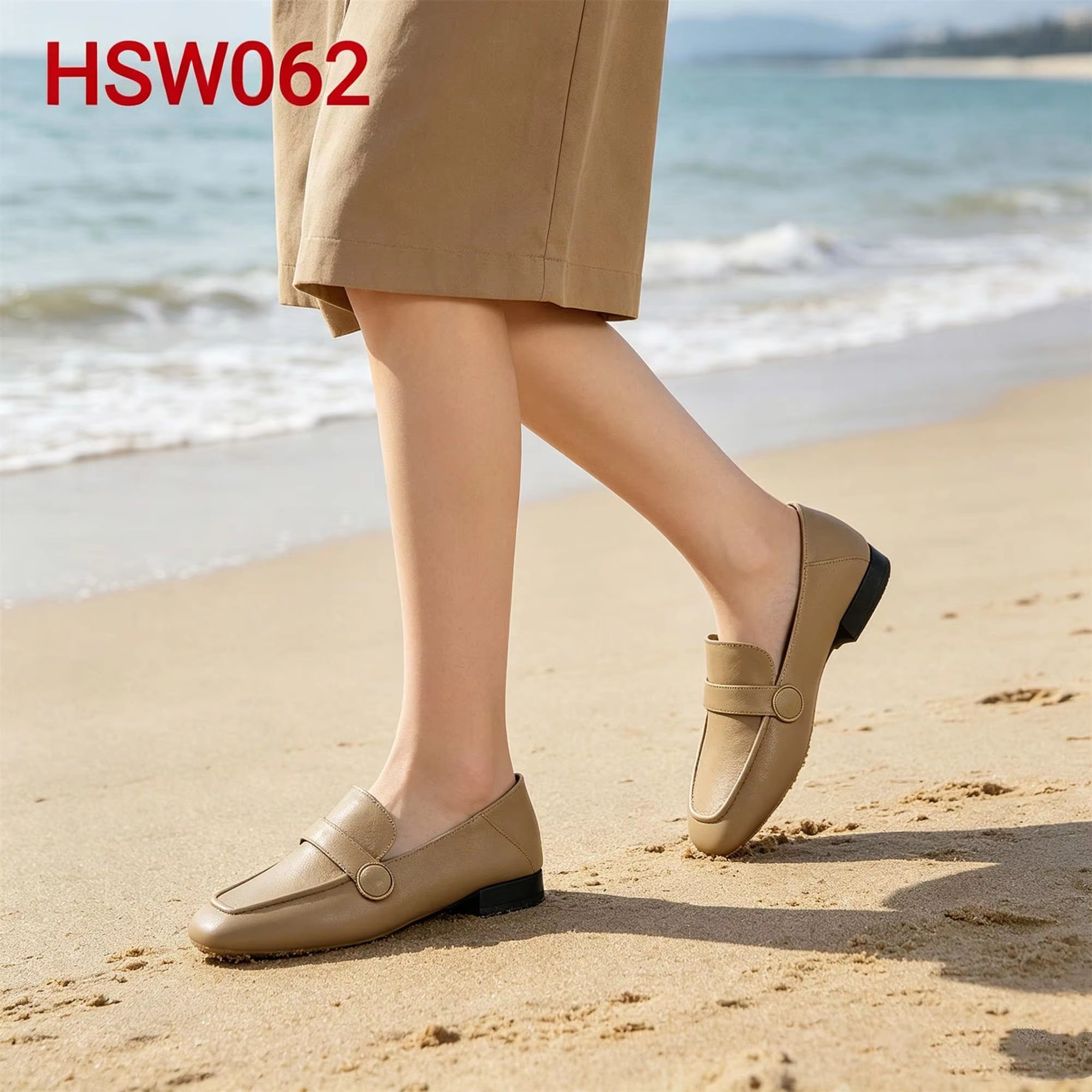 LXG,Daily Formal Wear Single Strap Across Vamp Lady Loafer Shoes Square Toe Design Beige Color Hua Singh Moccasin Shoes HSW062
