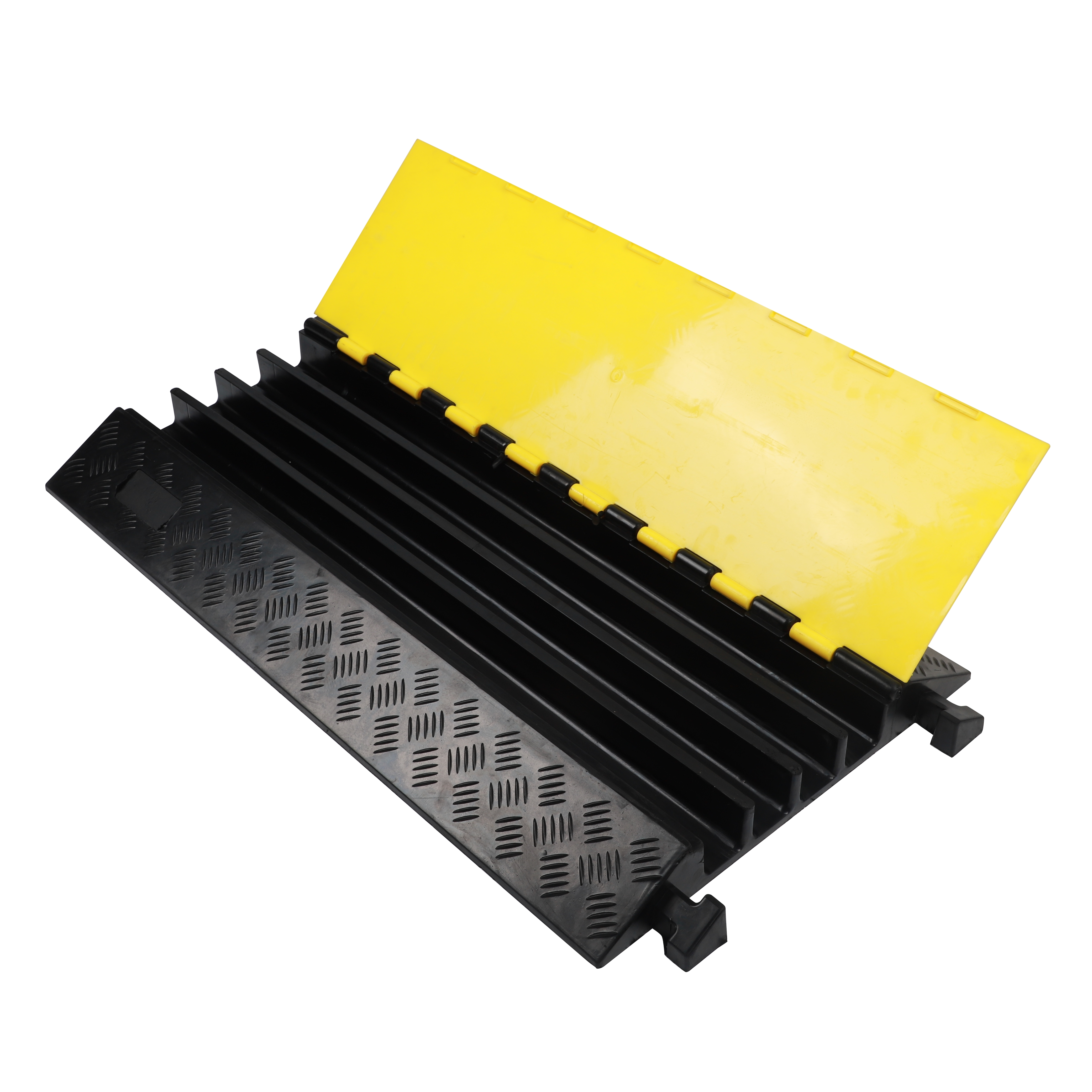 Industrial Heavy-Duty 4-Channel Rubber Cable Protector with High-Visibility PVC Flip-Top Lid-4XC03