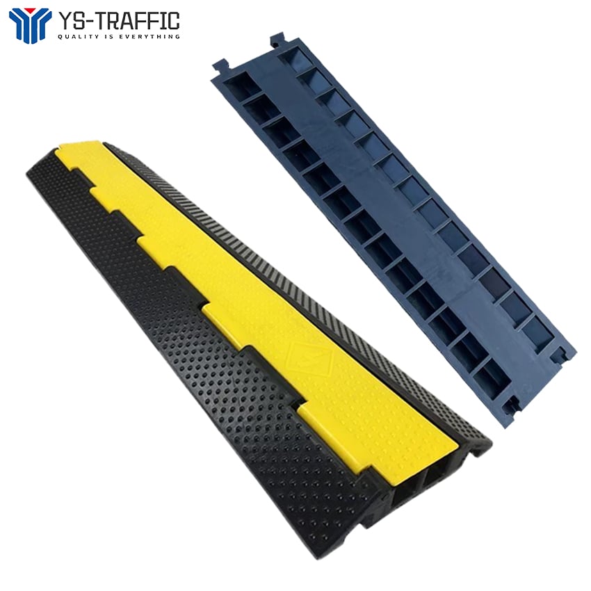Industrial 2-Channel Rubber Cable Protector Ramp with High-Visibility PVC Flip-Top Lid-2XC05