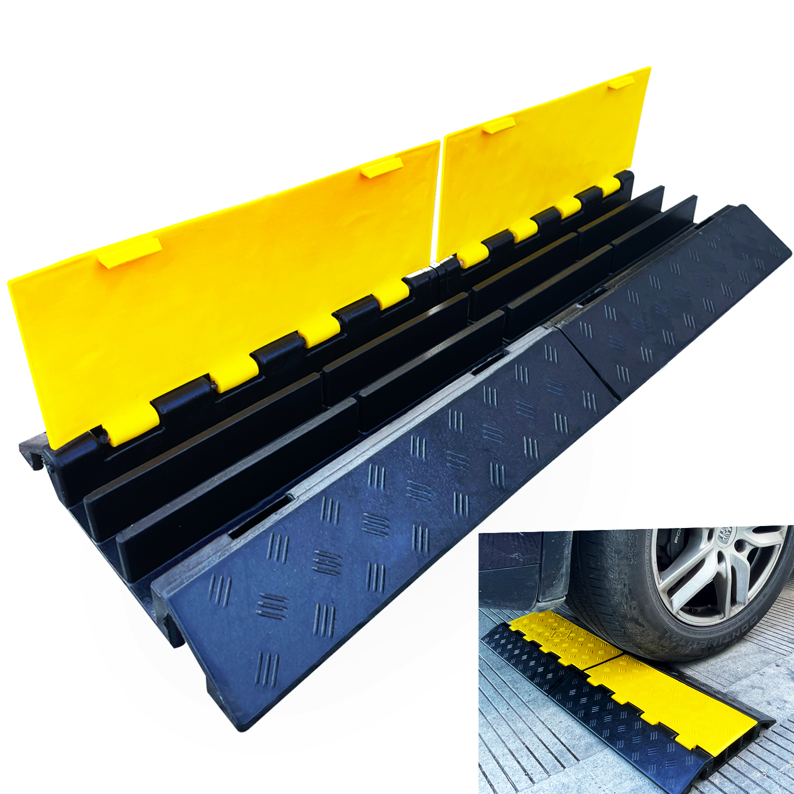 Industrial Heavy-Duty 3-Channel Rubber Cable Protector with Reinforced High-Visibility PVC Lid-ZD3XC06