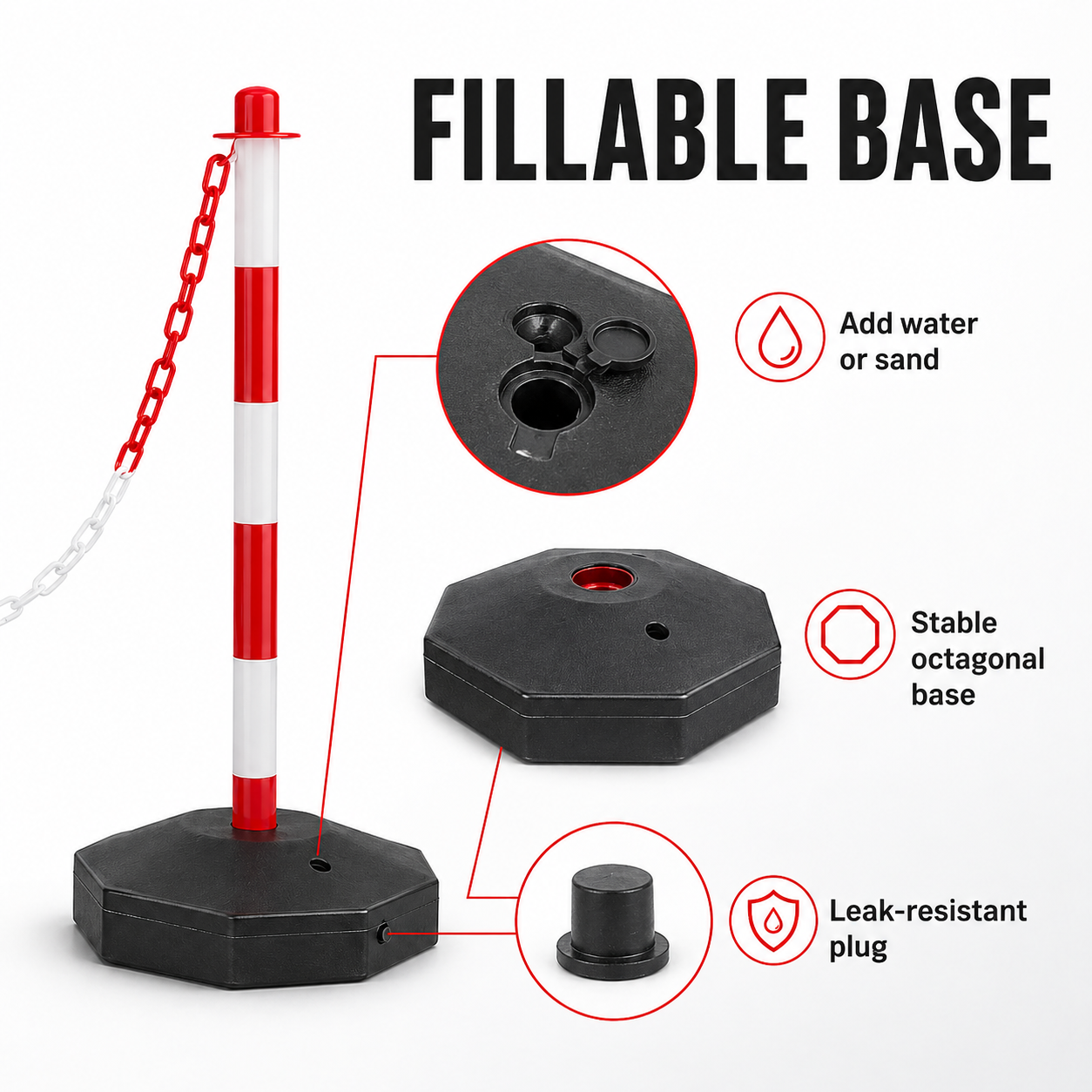 Poste Portátil de Delineação de Segurança em Plástico de 1100 mm com Base Octogonal Robusta – Poste de Tráfego em PE/PP de Alta Visibilidade – BPT07