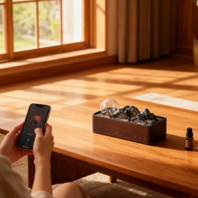 Luxuriöser Bluetooth-Musik-Diffuser aus massivem Holz und Glas, wasserlos