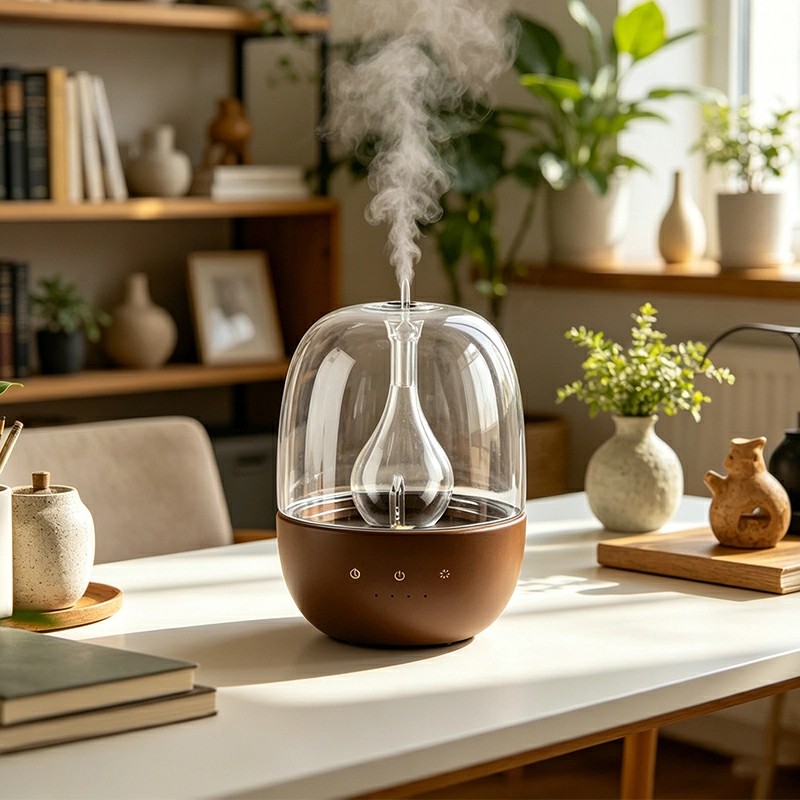 Wasserloser Ultraschall-Diffuser für Holz und Glas, professioneller ätherischer Öldiffuser mit auslaufsicherer Düse und 7-Farben-LED