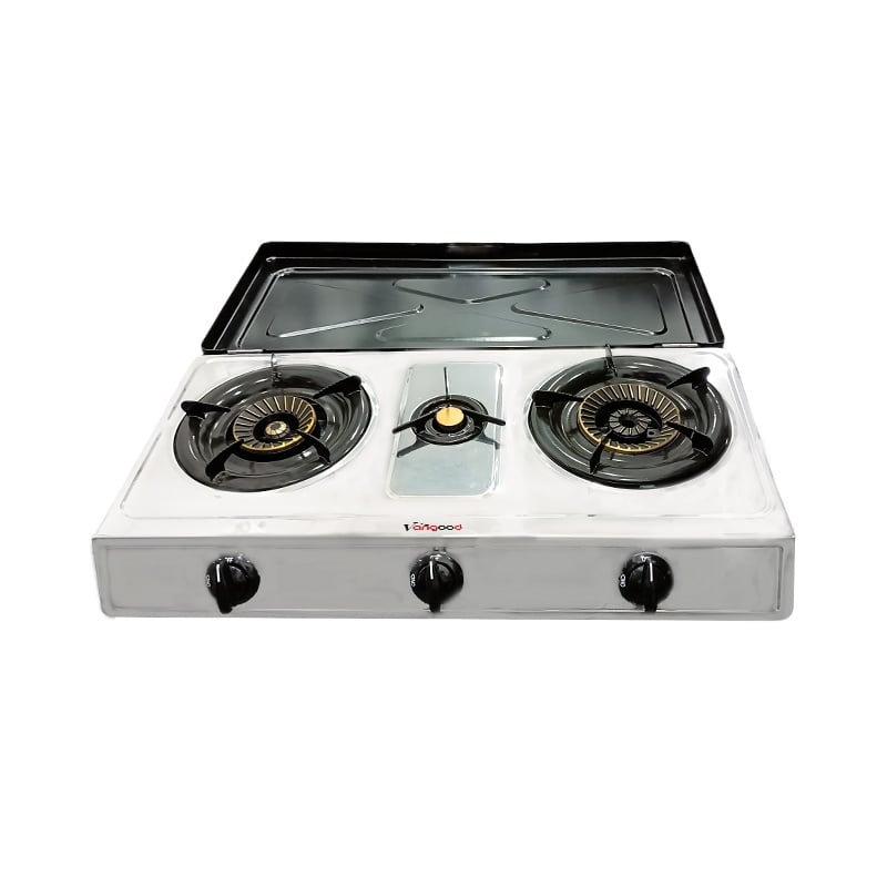 3 Burner Table Top Gas Stove with Cover Portable Gas Cooktop Stainless Steel Gas Hob with Glass Lid for Household Outdoor Use