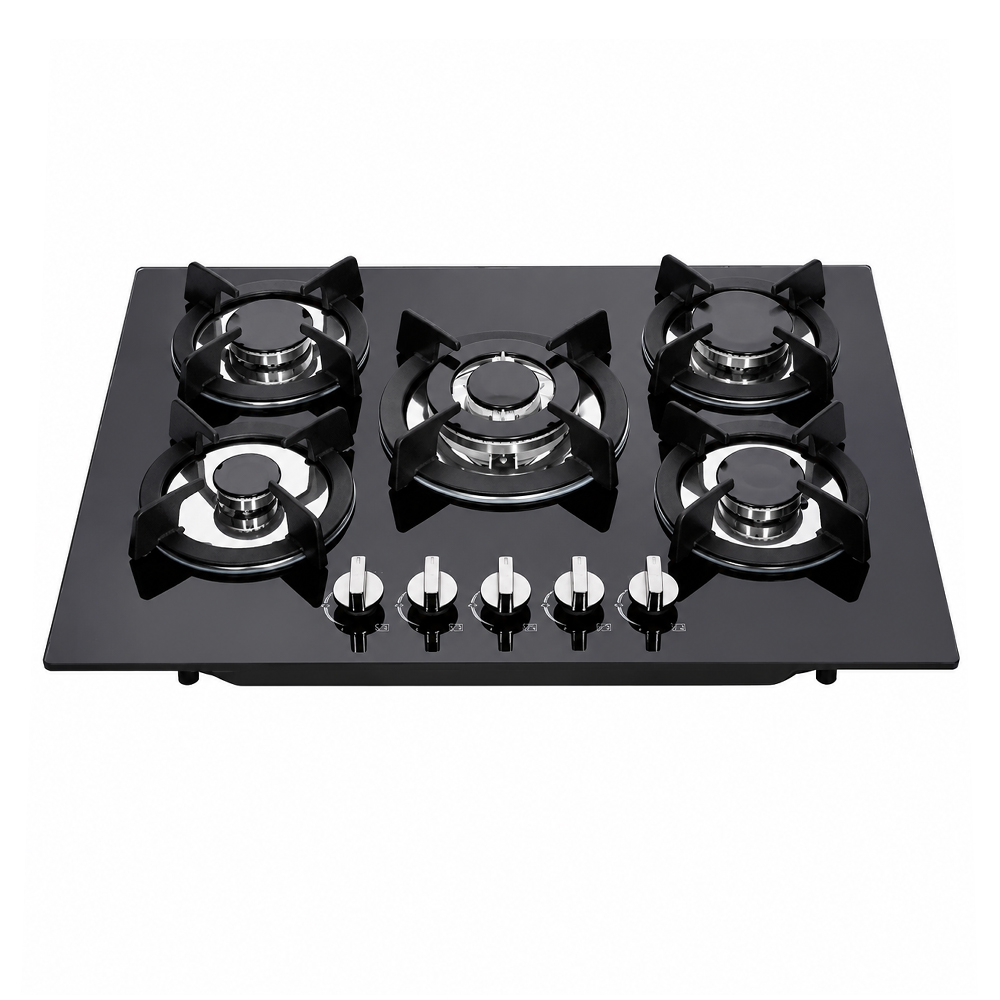 High Efficiency Built-in Gas Hob 5 Burner Dual Fuel Glass Surface Hotel Home Use Durable Cooking System