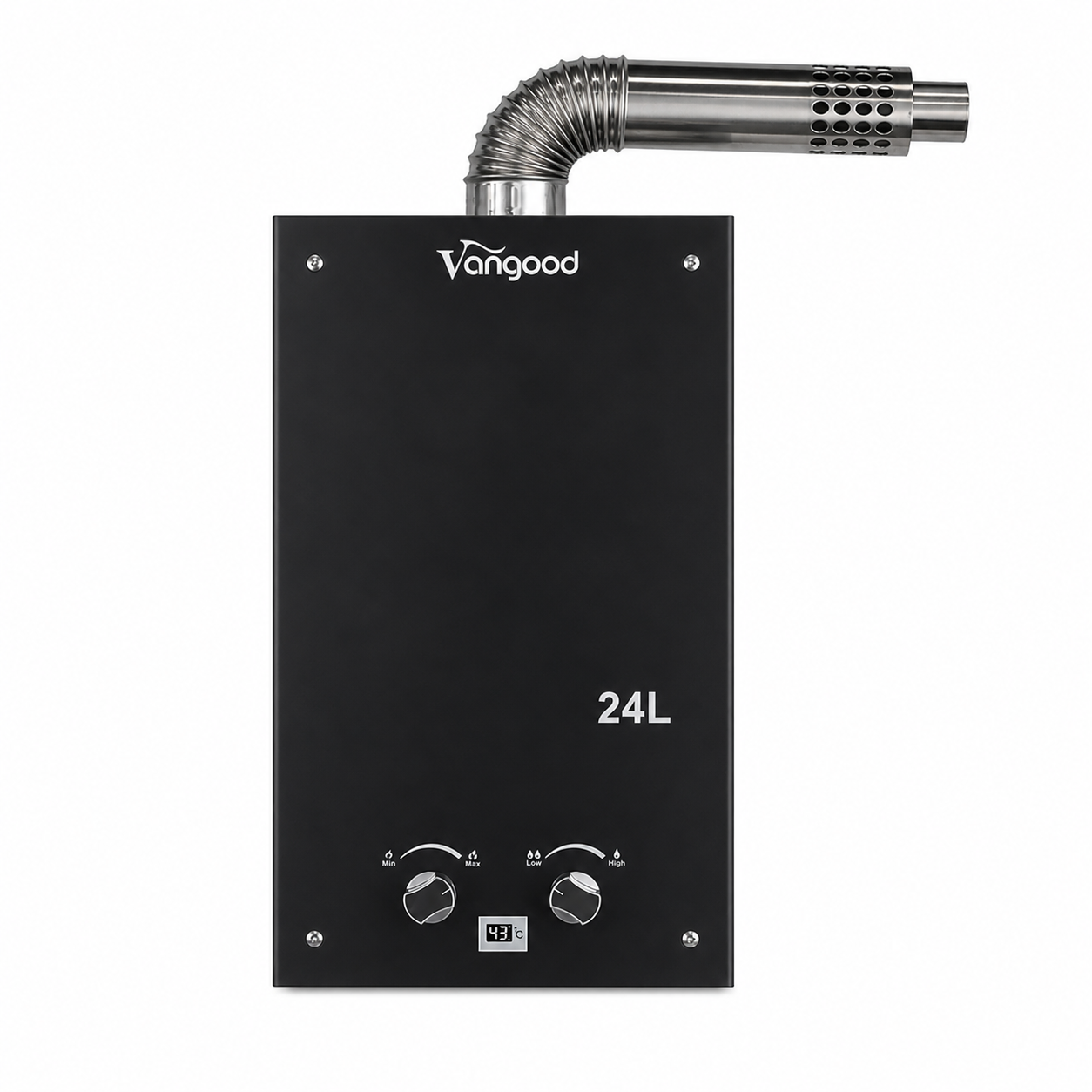 24L Stainless Steel Natural Gas Water Heater Glass Panel Adjustable Temperature Fan Assisted Battery Powered