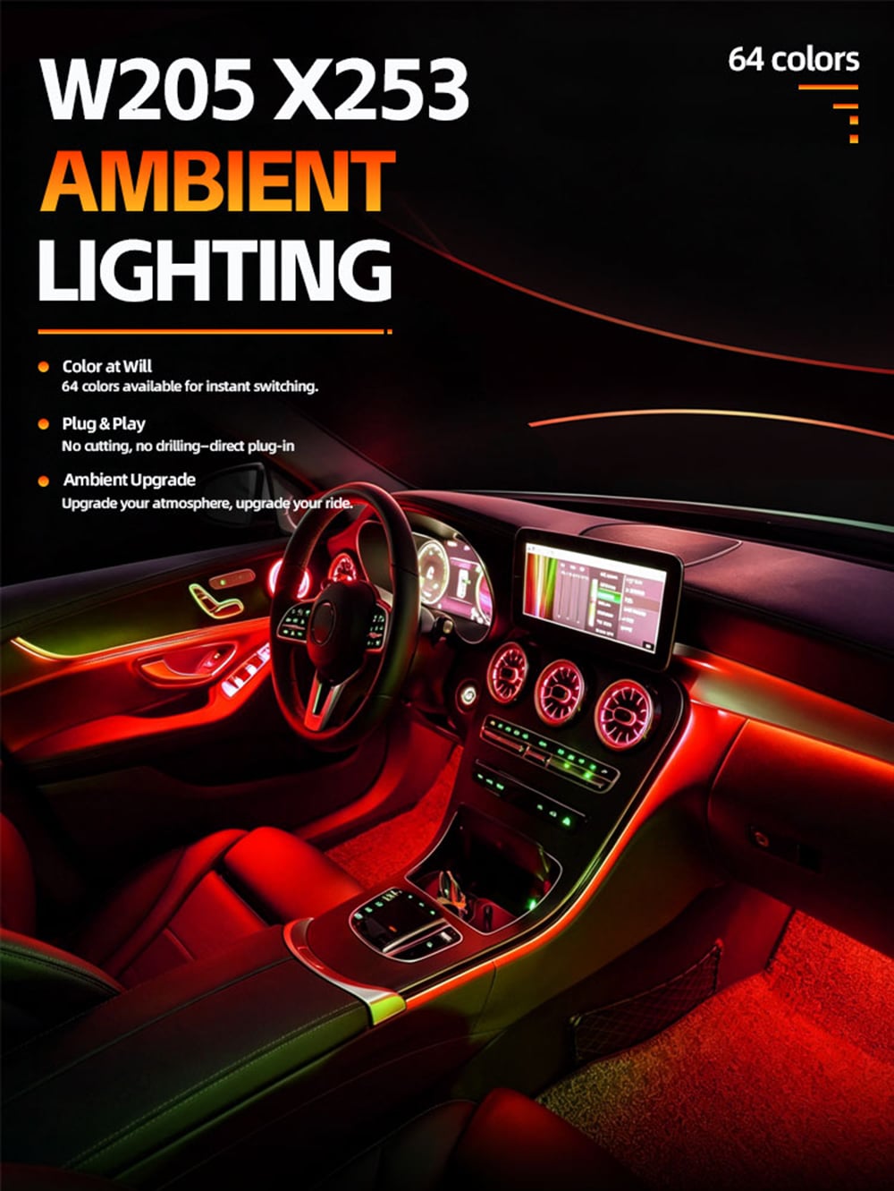 mercedes benz w205 car ambient light set rgb 64 colors atmosphere light c class w205-7