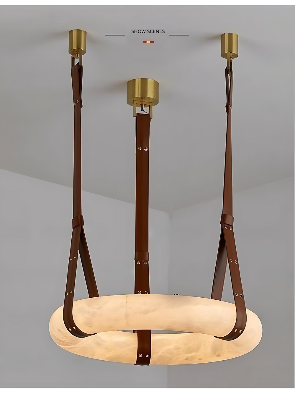3.warm-light-alabaster-ring-chandelier-brass-leather-detail.jpeg