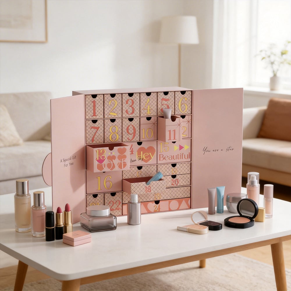 Caixa de Calendário do Advento de Beleza Personalizada de Luxo Rosa com Gavetas