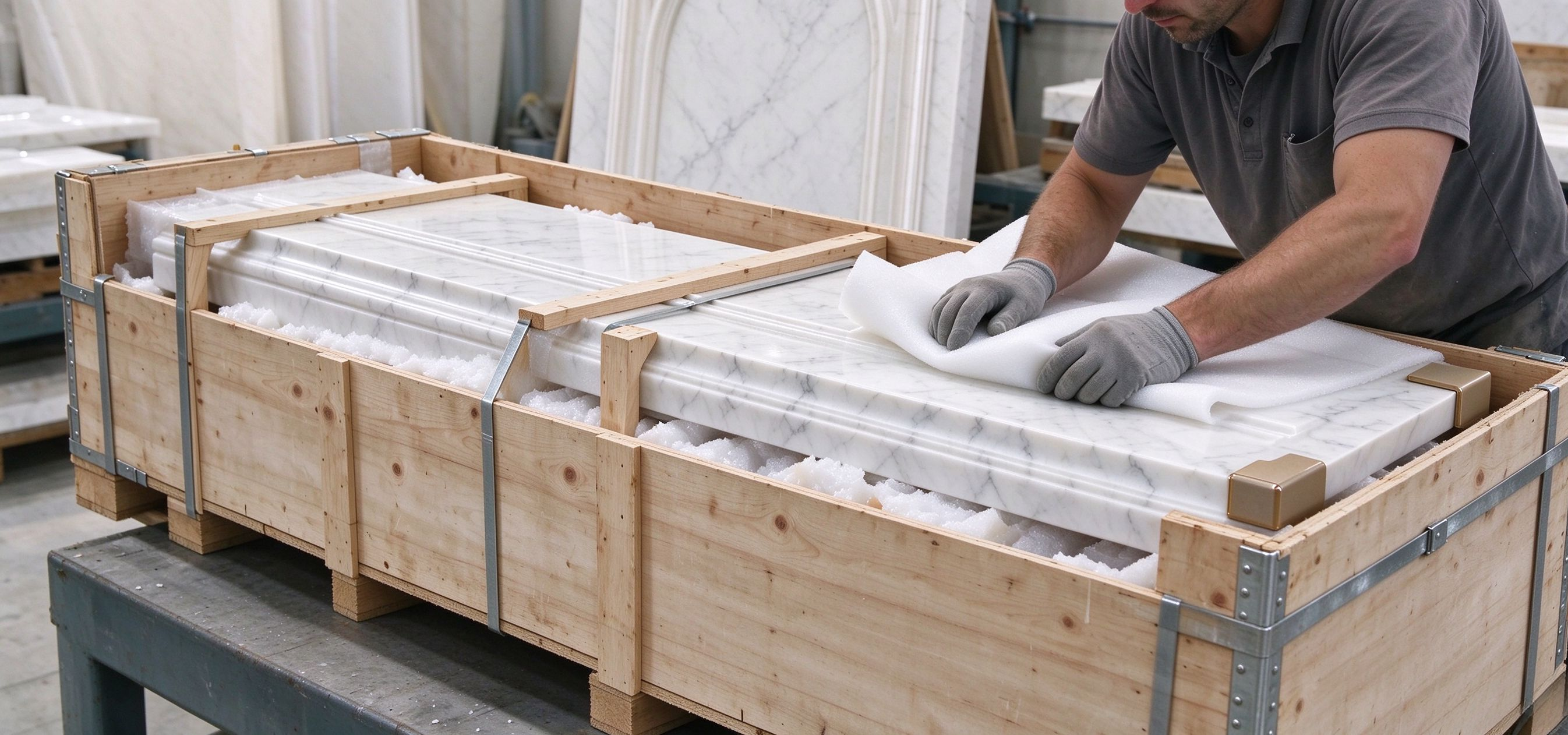 Safe packaging for calacatta stone moulding